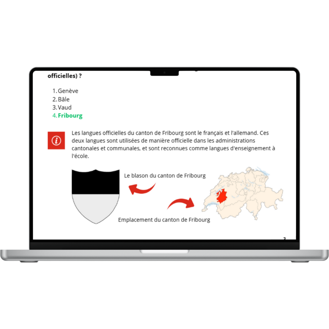 un extrait des questions et réponses du test de naturalisation suisse.